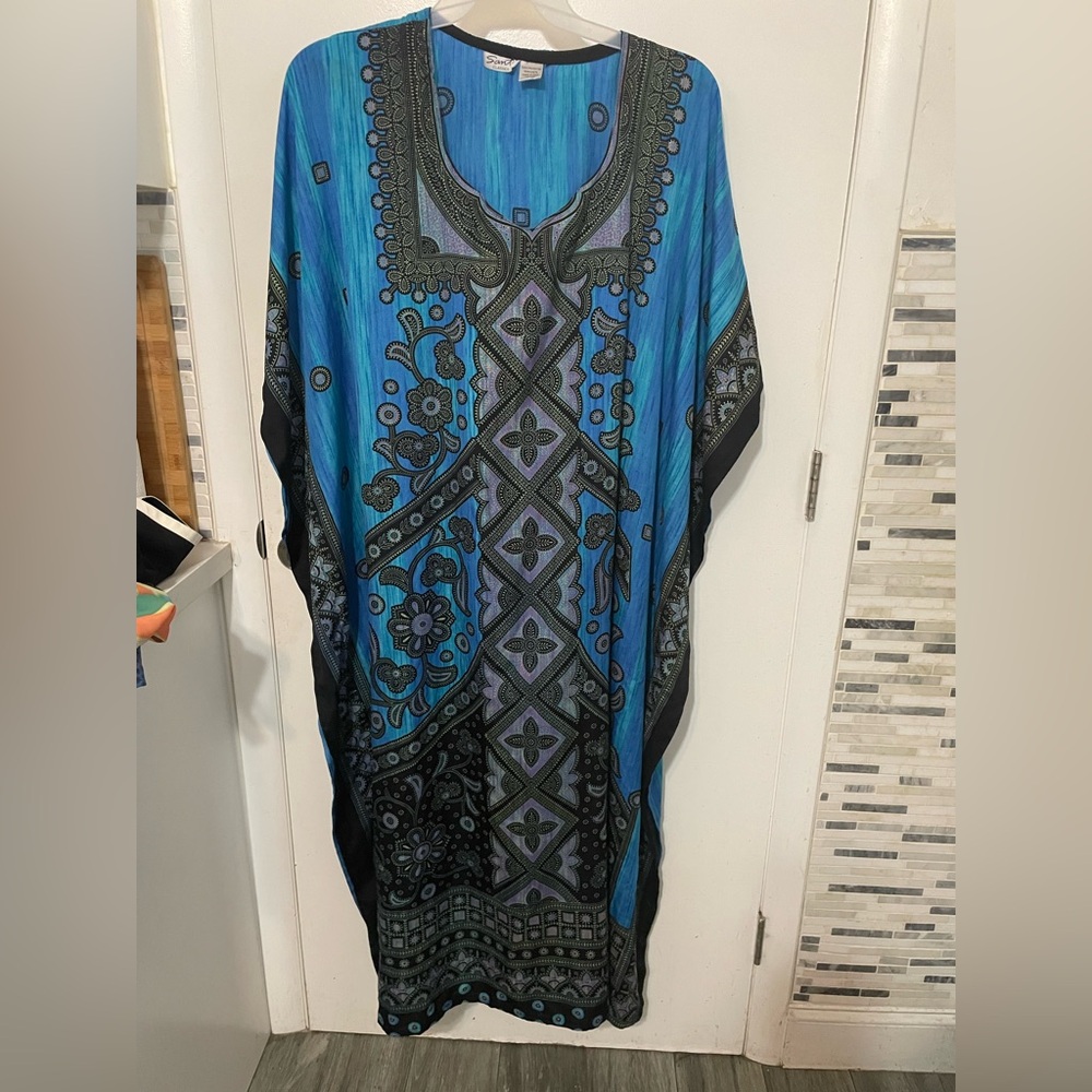 Santé Classics Oversized roomy breezy Blue black Boxy Kaftan lounge Dress OSFM